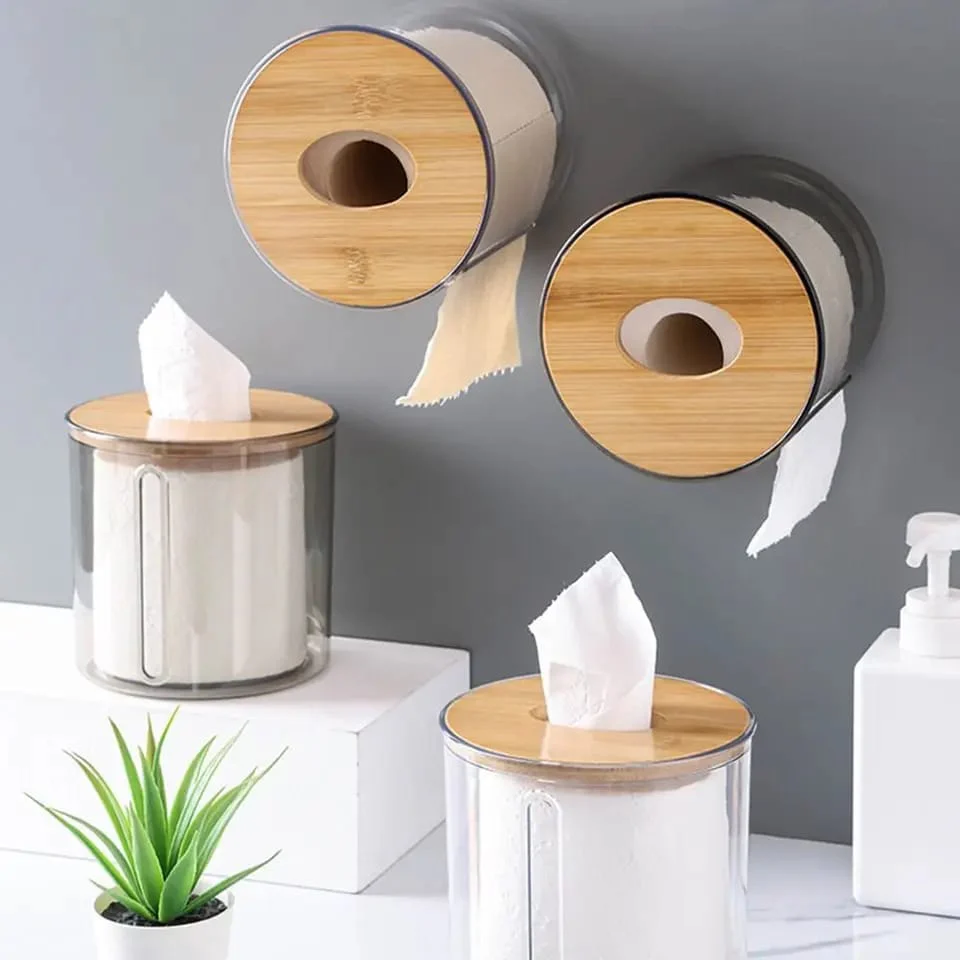 Bamboo Lid Toilet Paper Holder (5287)-Transparent Round - Image 2