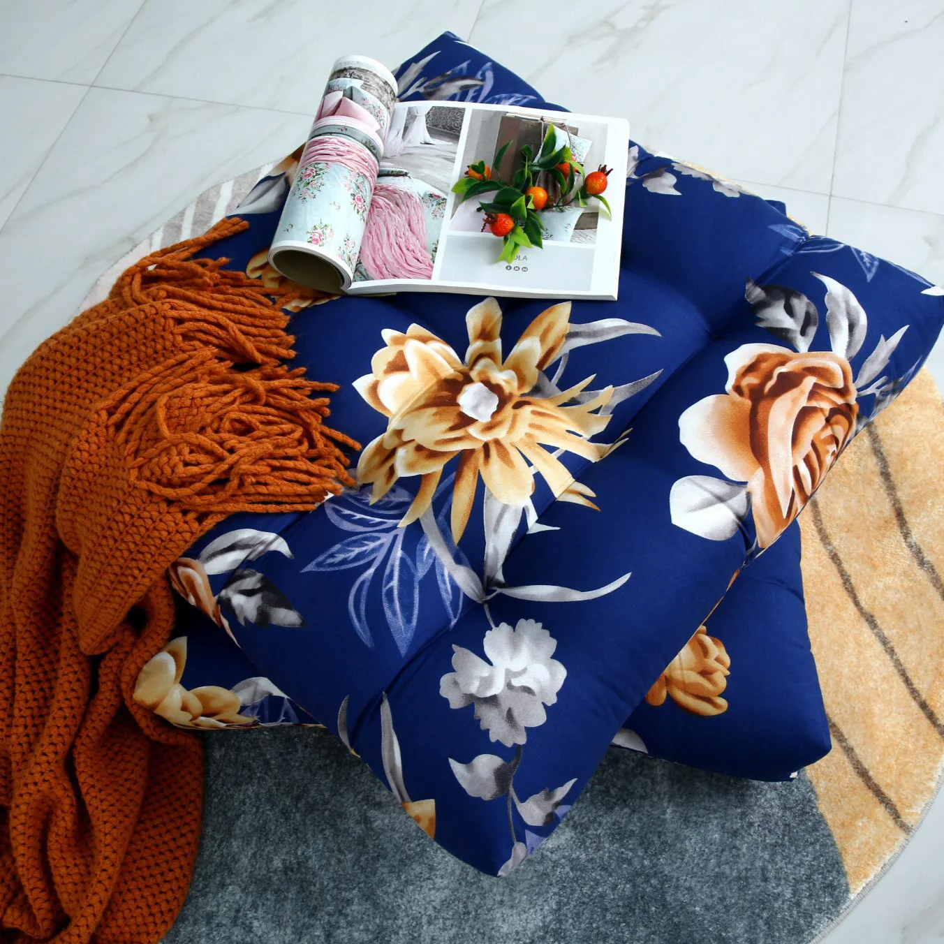 Digital Printed Square Floor Cushions-Ethnic Flowers