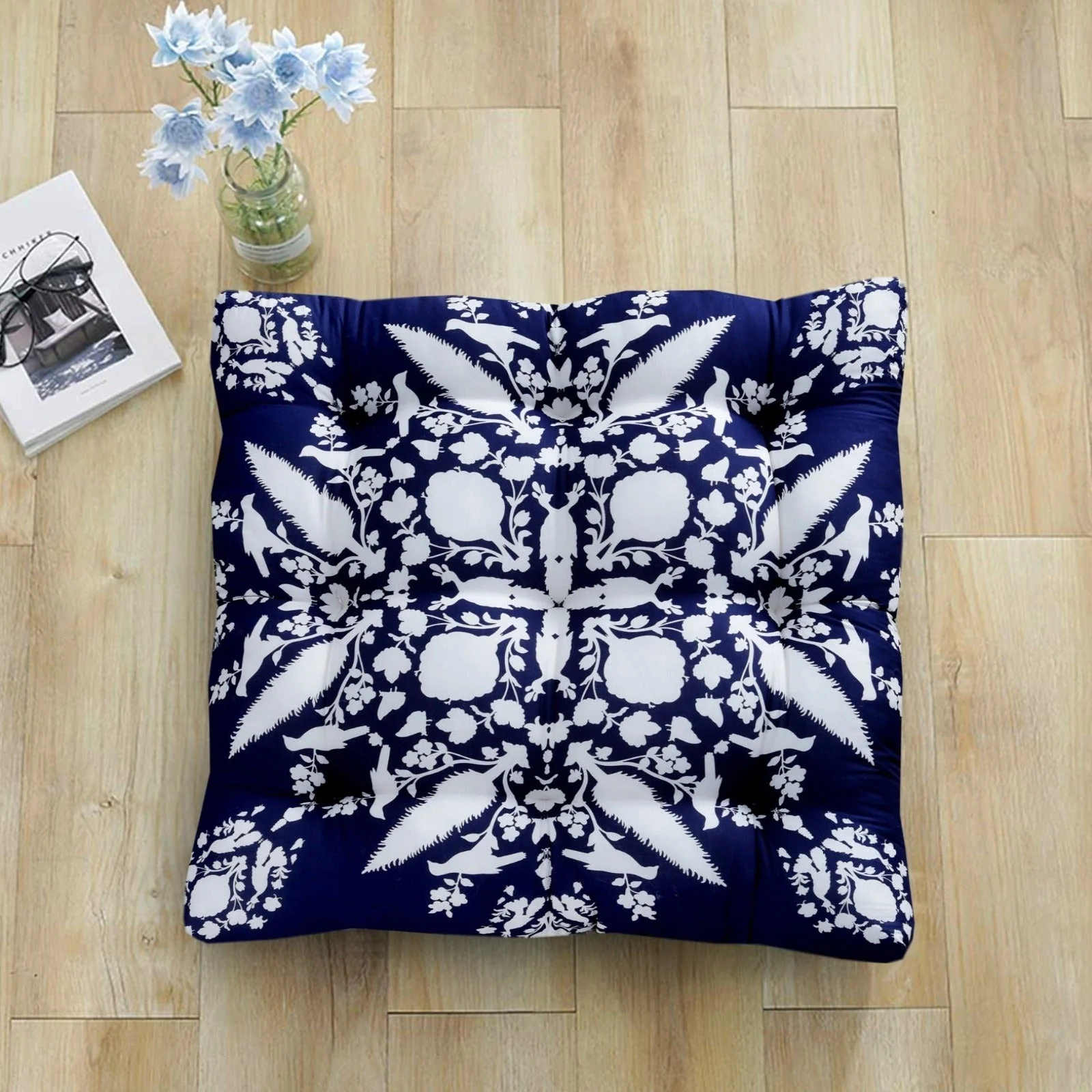 Digital Printed Square Floor Cushions- White Flowers - Image 2
