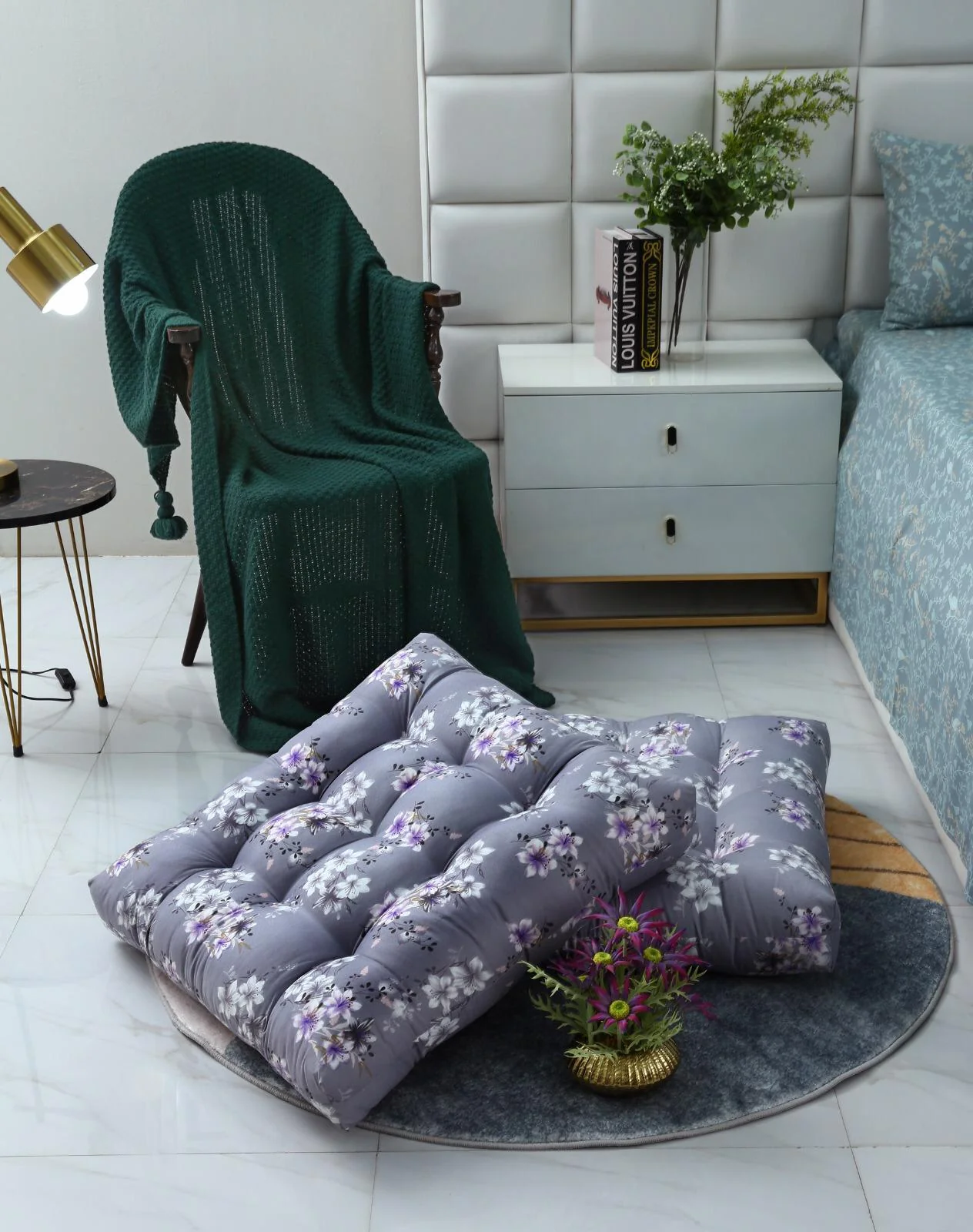 Digital Printed Square Floor Cushions-White Rose - Image 4