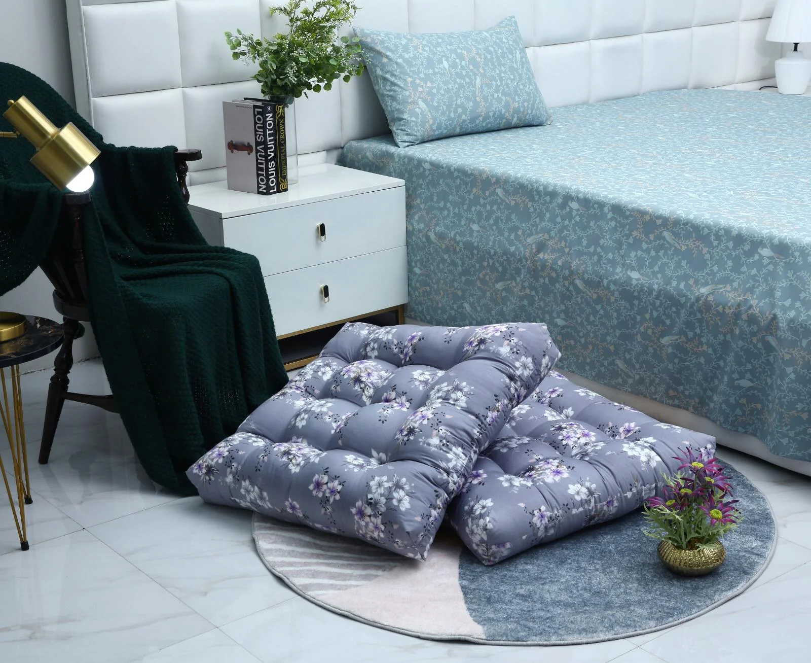 Digital Printed Square Floor Cushions-White Rose - Image 6