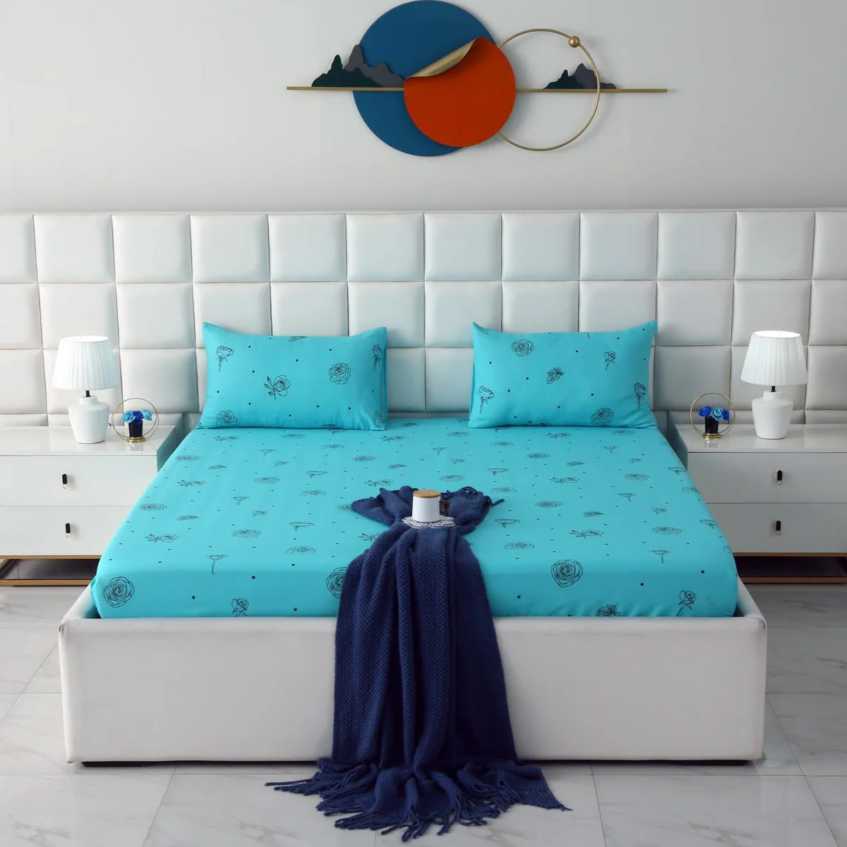 Fitted Bed Sheet-Aqua Abstract Flower