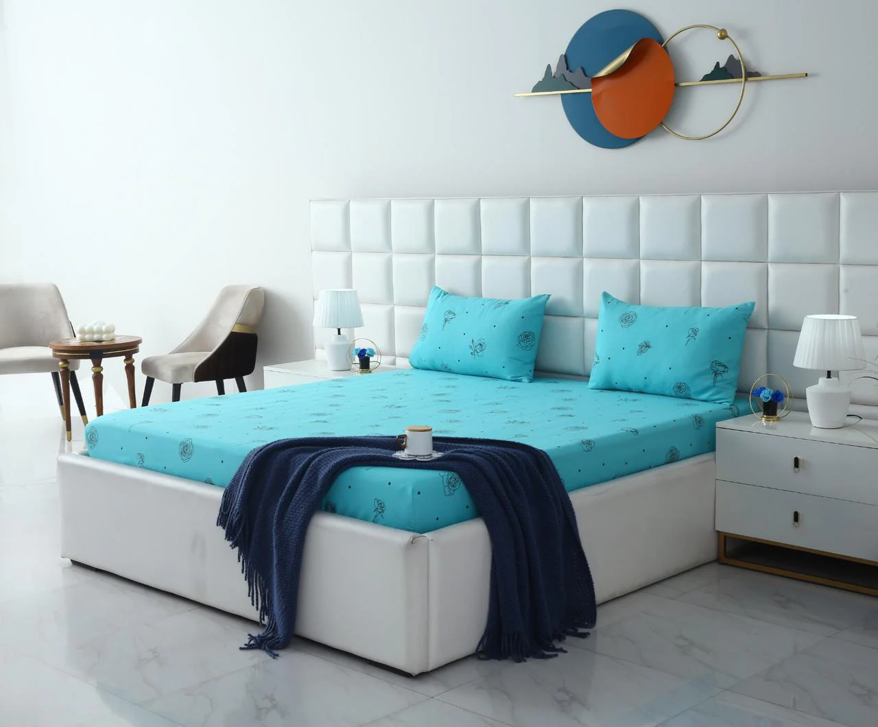 Fitted Bed Sheet-Aqua Abstract Flower - Image 3
