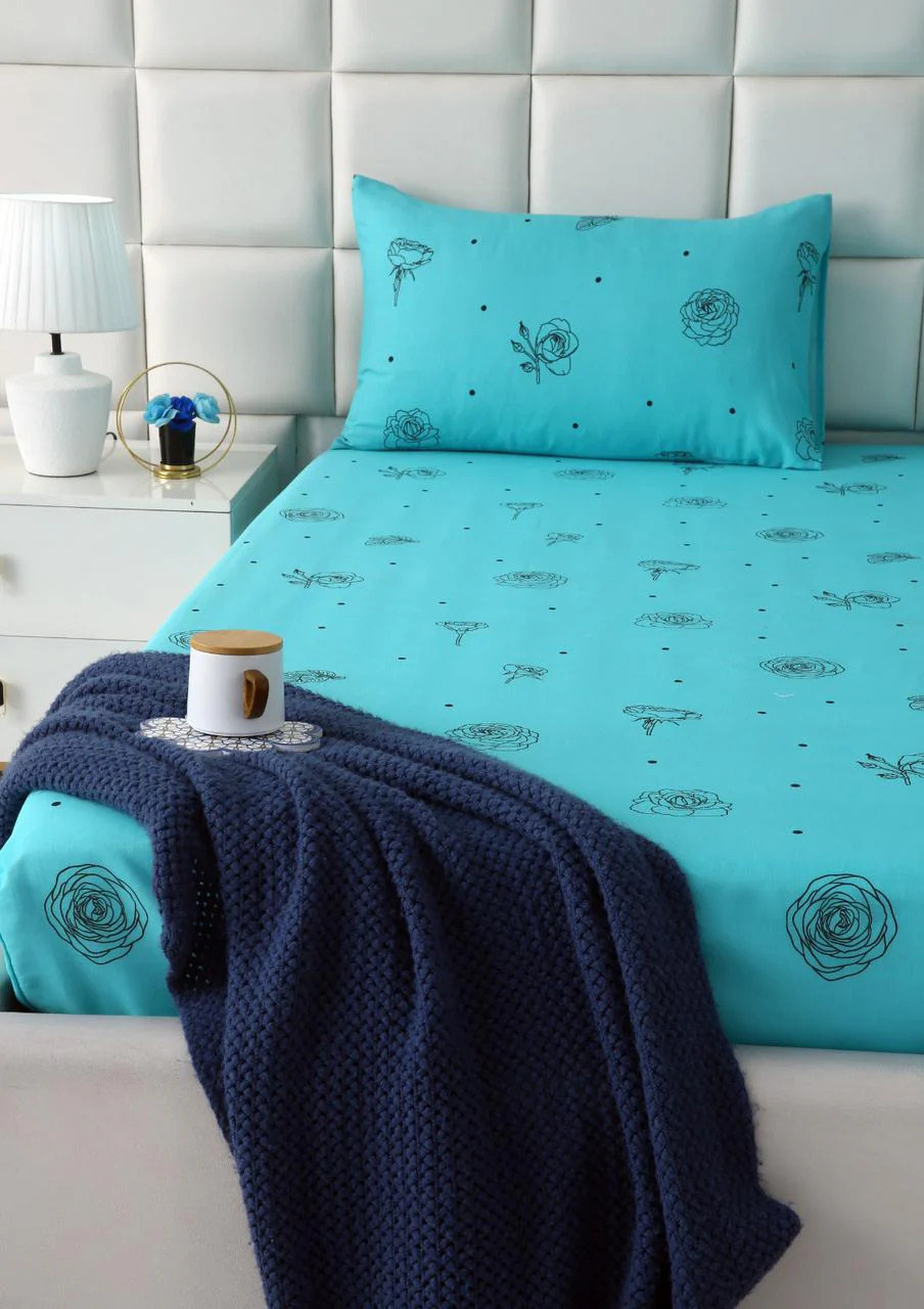 Fitted Bed Sheet-Aqua Abstract Flower - Image 5