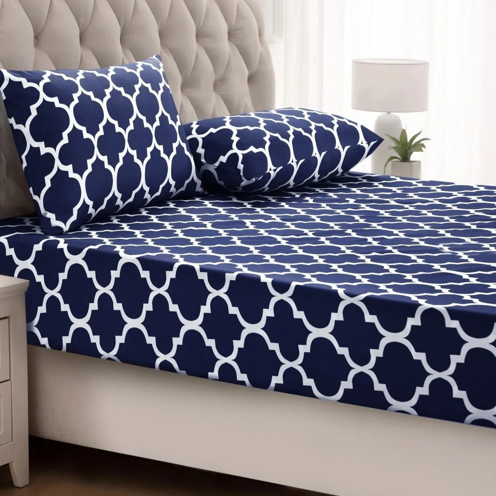 Fitted Bed Sheet-Blue Geometric