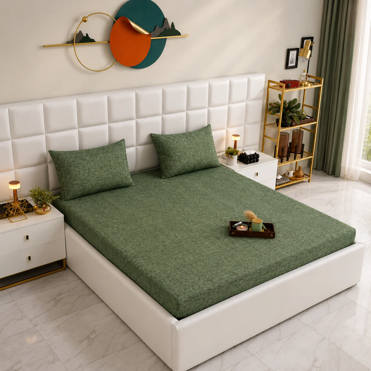 Fitted Bed Sheet- Green Texture