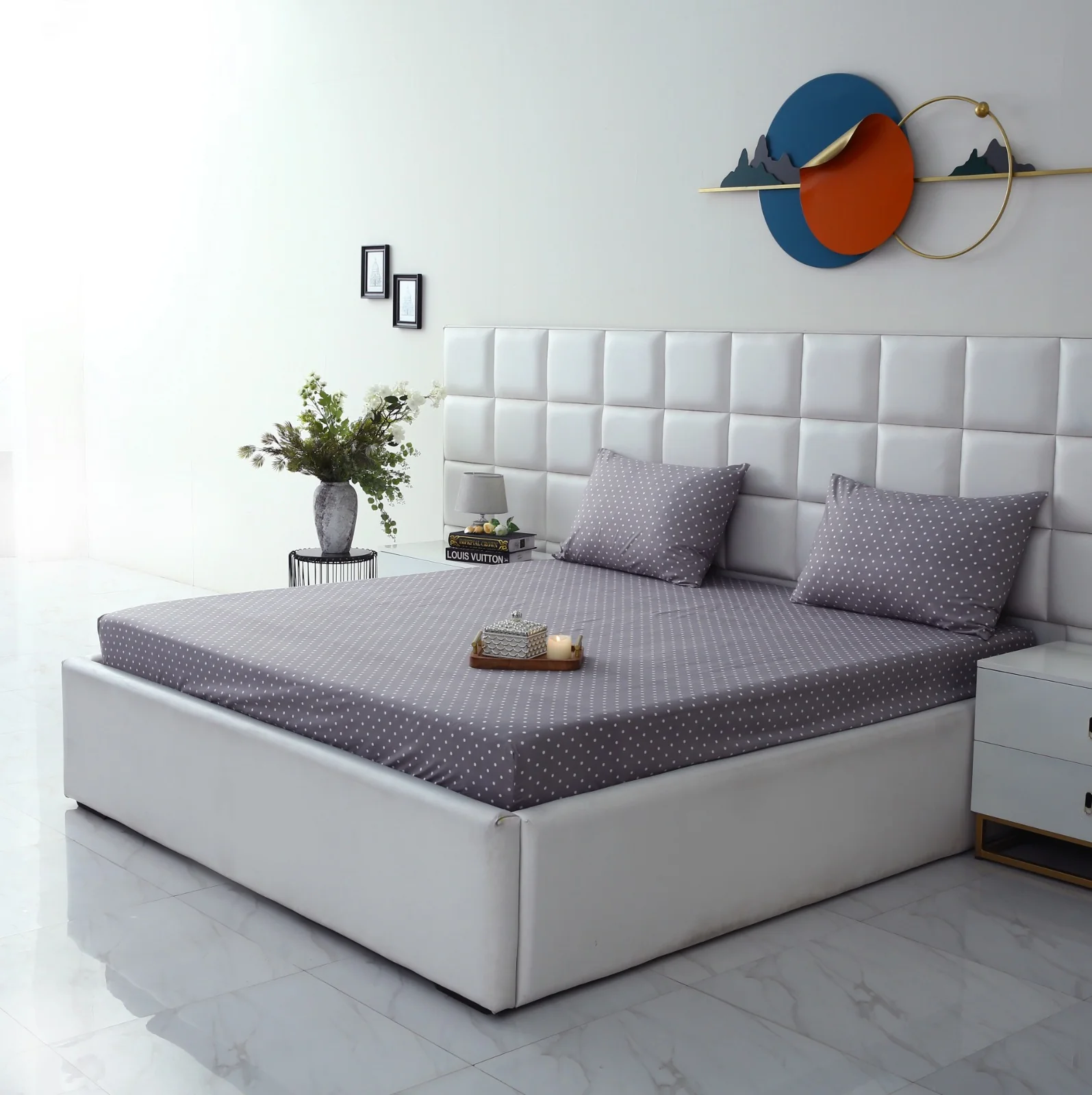 Fitted Bed Sheet-Grey Polka - Image 11