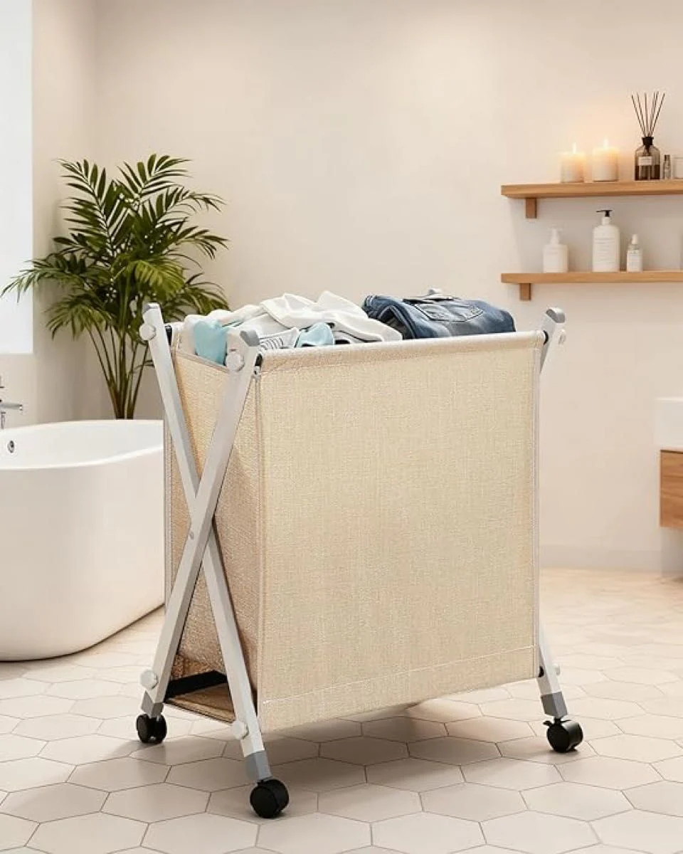 Folded Laundry Basket with Wheel (SA2510-105)Beige - Image 3