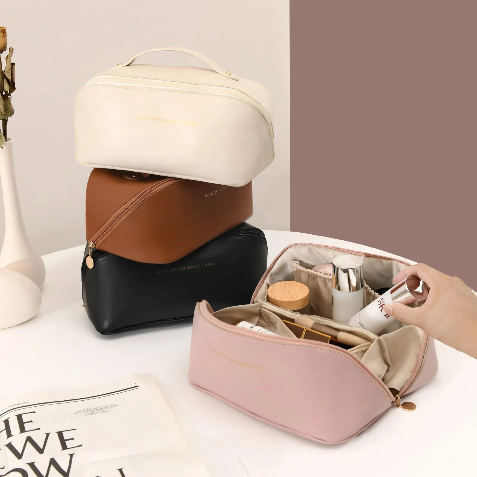 Portable PU Makeup Powder Waterproof Multifunctional Bag-Brown(SA2403-21) - Image 3