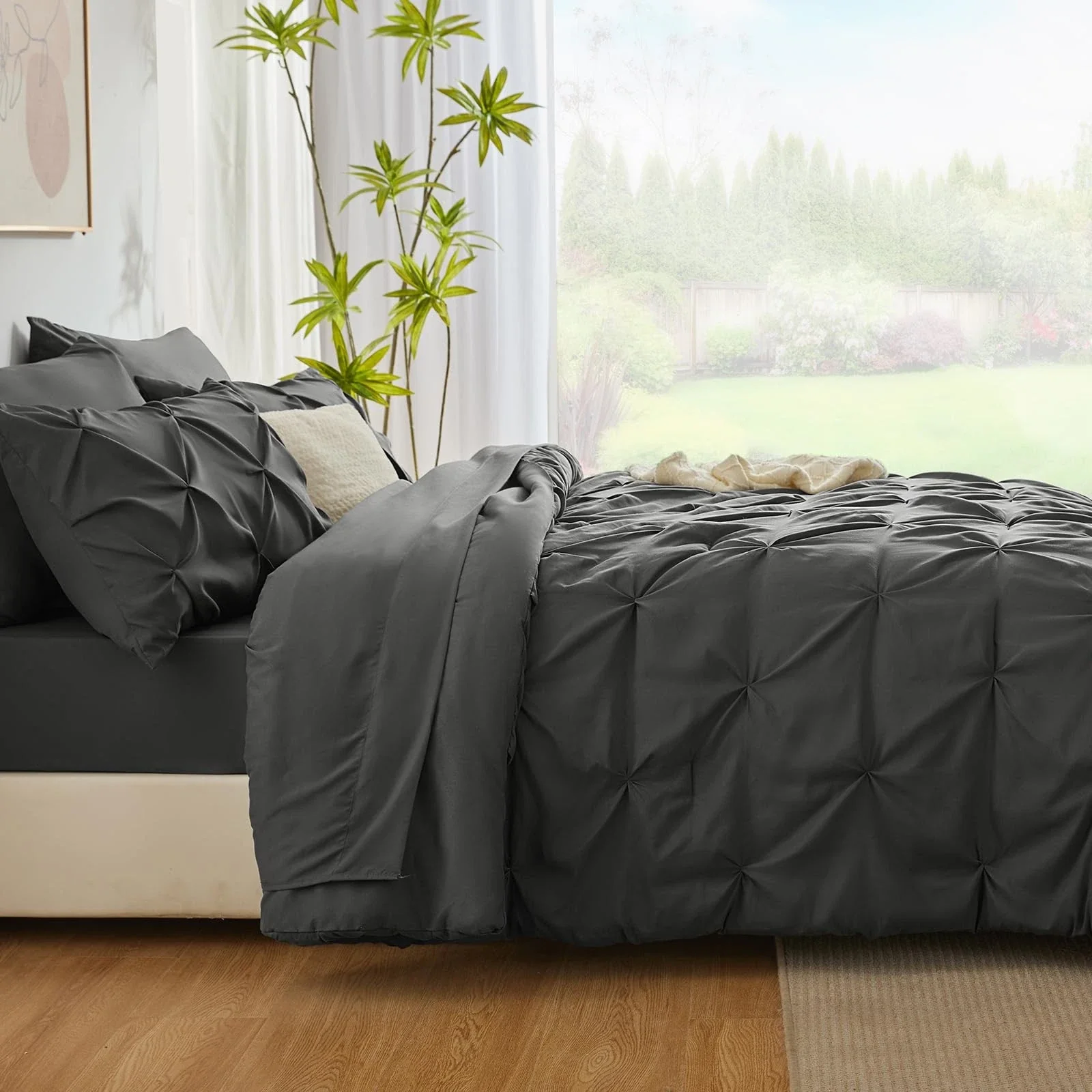 Solid Pintuck Duvet Cover Set-Grey - Image 5