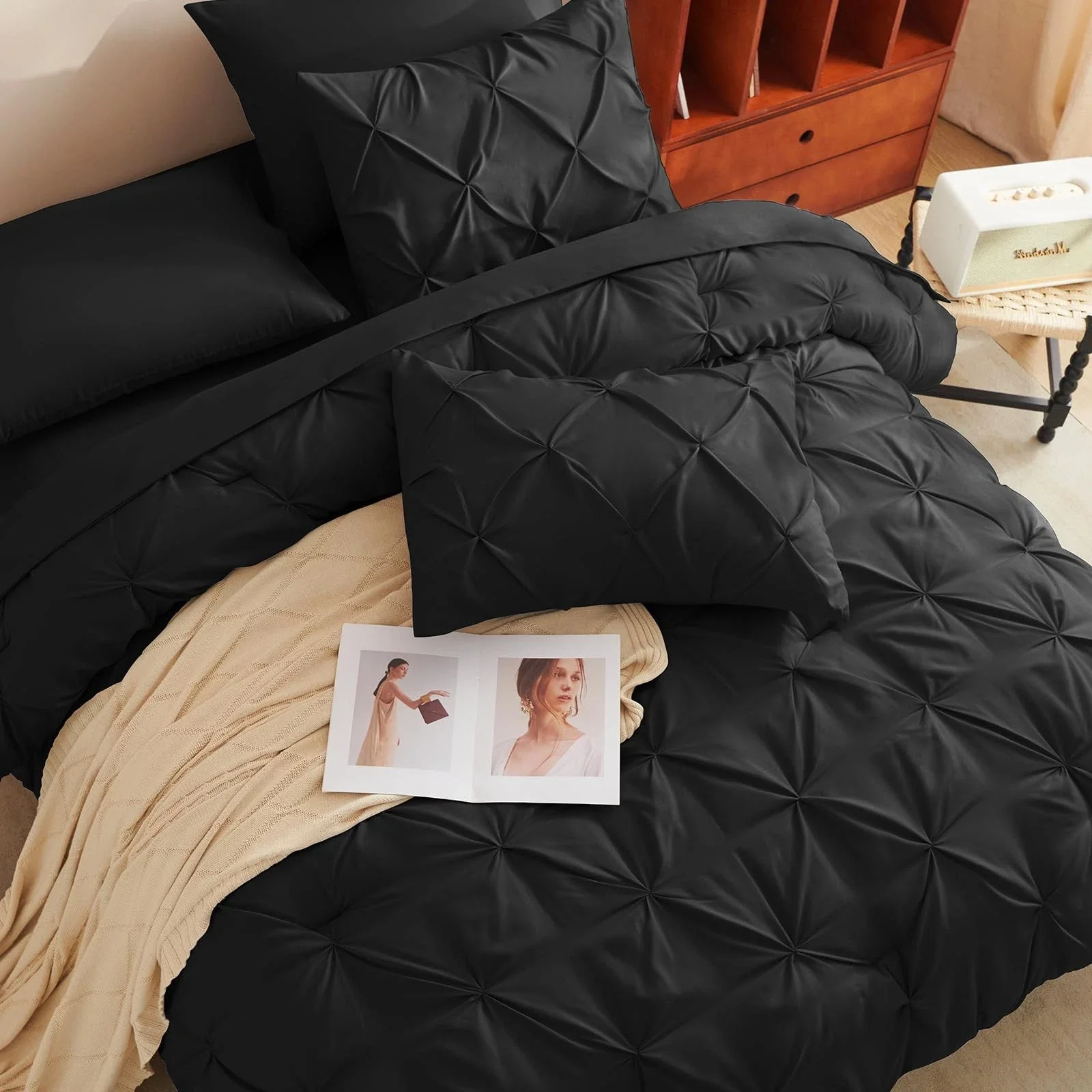 Solid Pintuck Duvet Cover Set-Black - Image 2