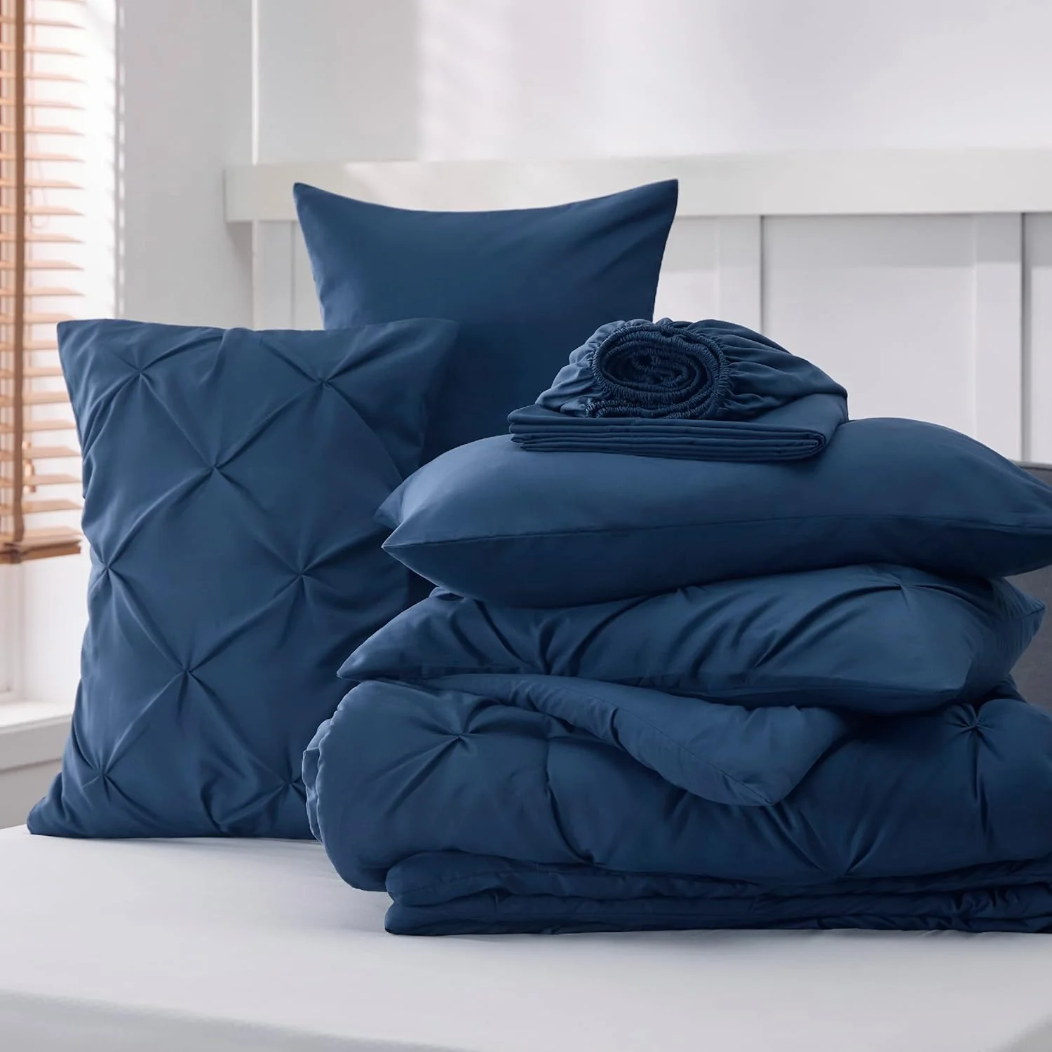 Solid Pintuck Duvet Cover Set-Navy Blue - Image 9