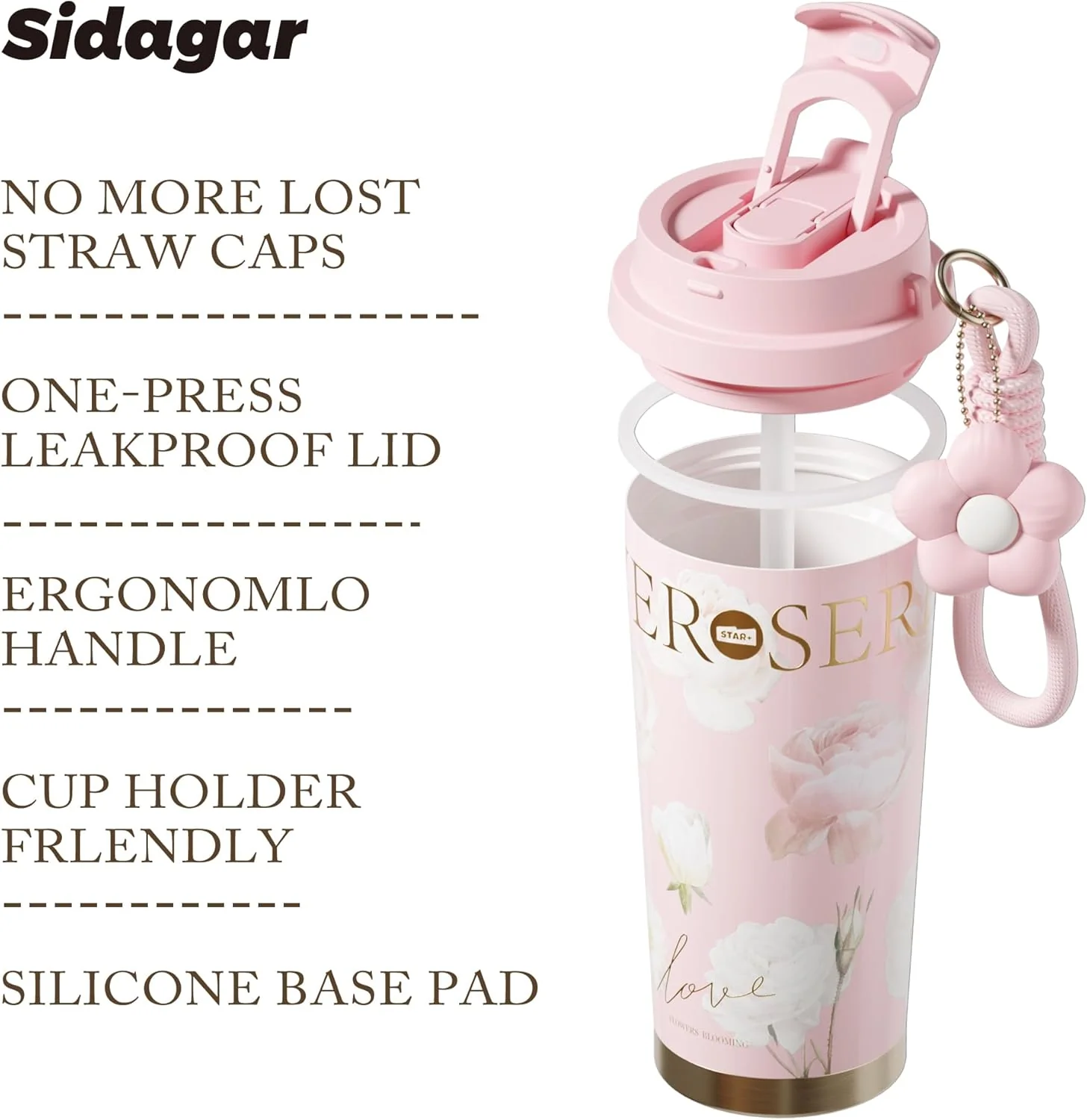 Stainless Steel Flower Coffee Mug- PINK(WITH Charm) - Image 5