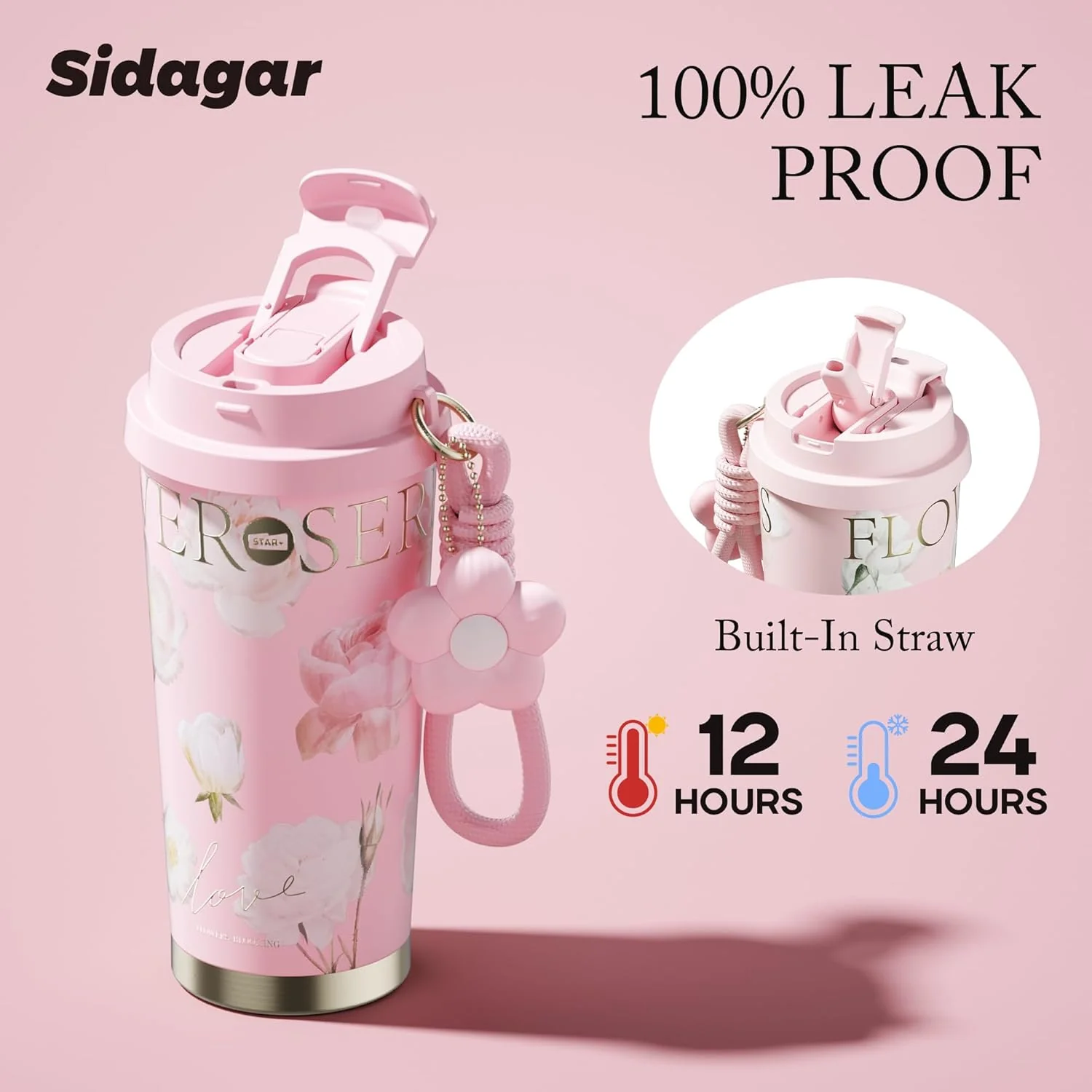 Stainless Steel Flower Coffee Mug- PINK(WITH Charm) - Image 6