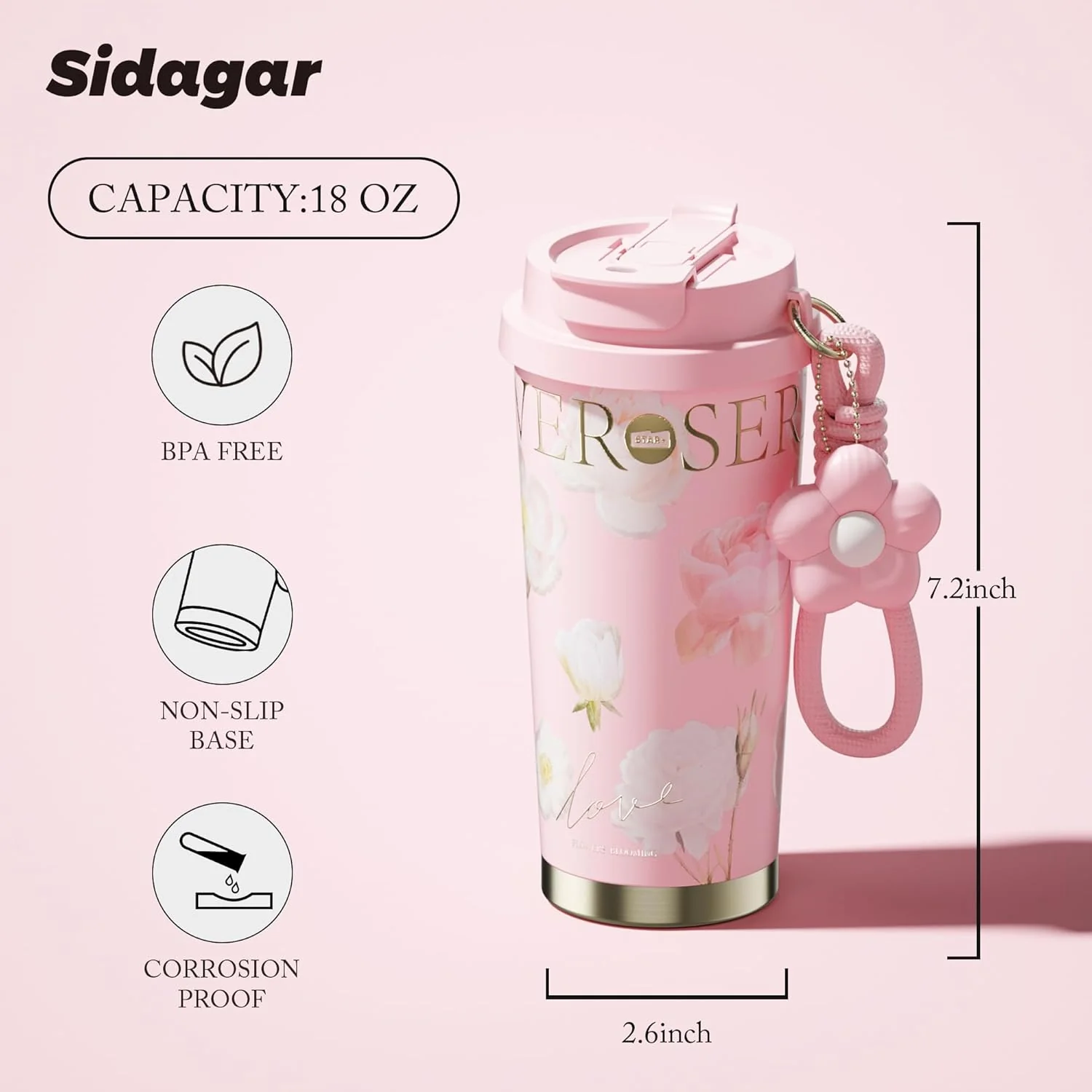 Stainless Steel Flower Coffee Mug- PINK(WITH Charm) - Image 7