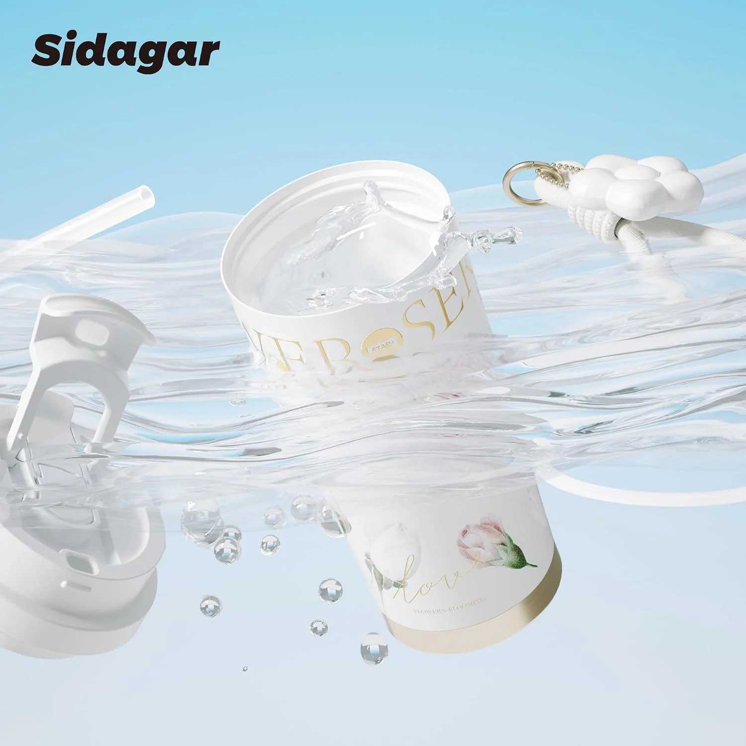 Stainless Steel Flower Coffee Mug- WHITE(WITH Charm) - Image 3