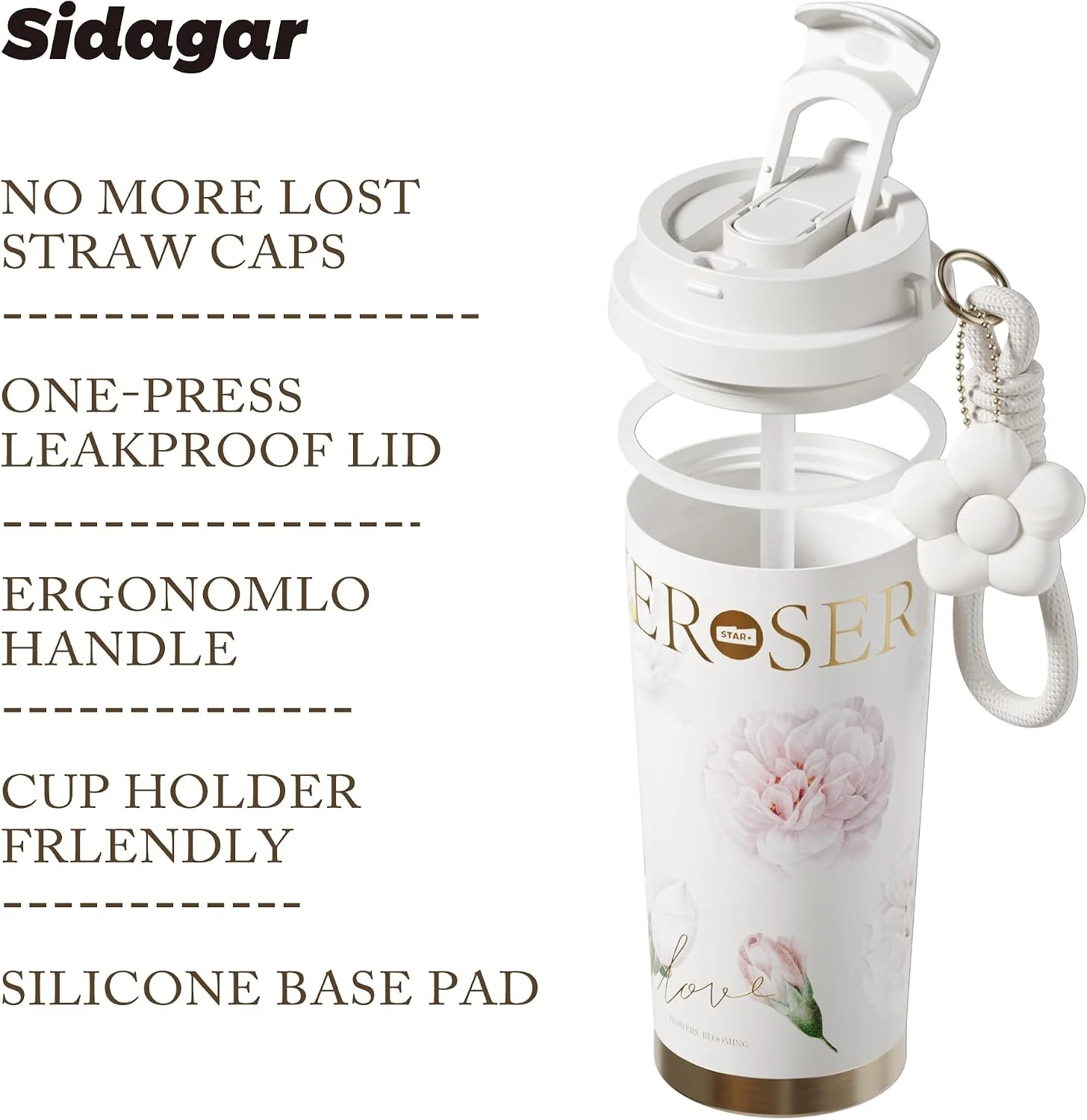 Stainless Steel Flower Coffee Mug- WHITE(WITH Charm) - Image 5