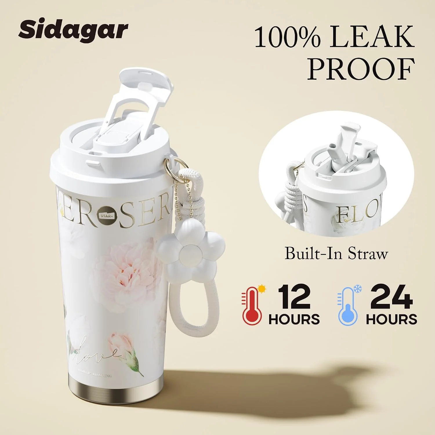 Stainless Steel Flower Coffee Mug- WHITE(WITH Charm) - Image 6