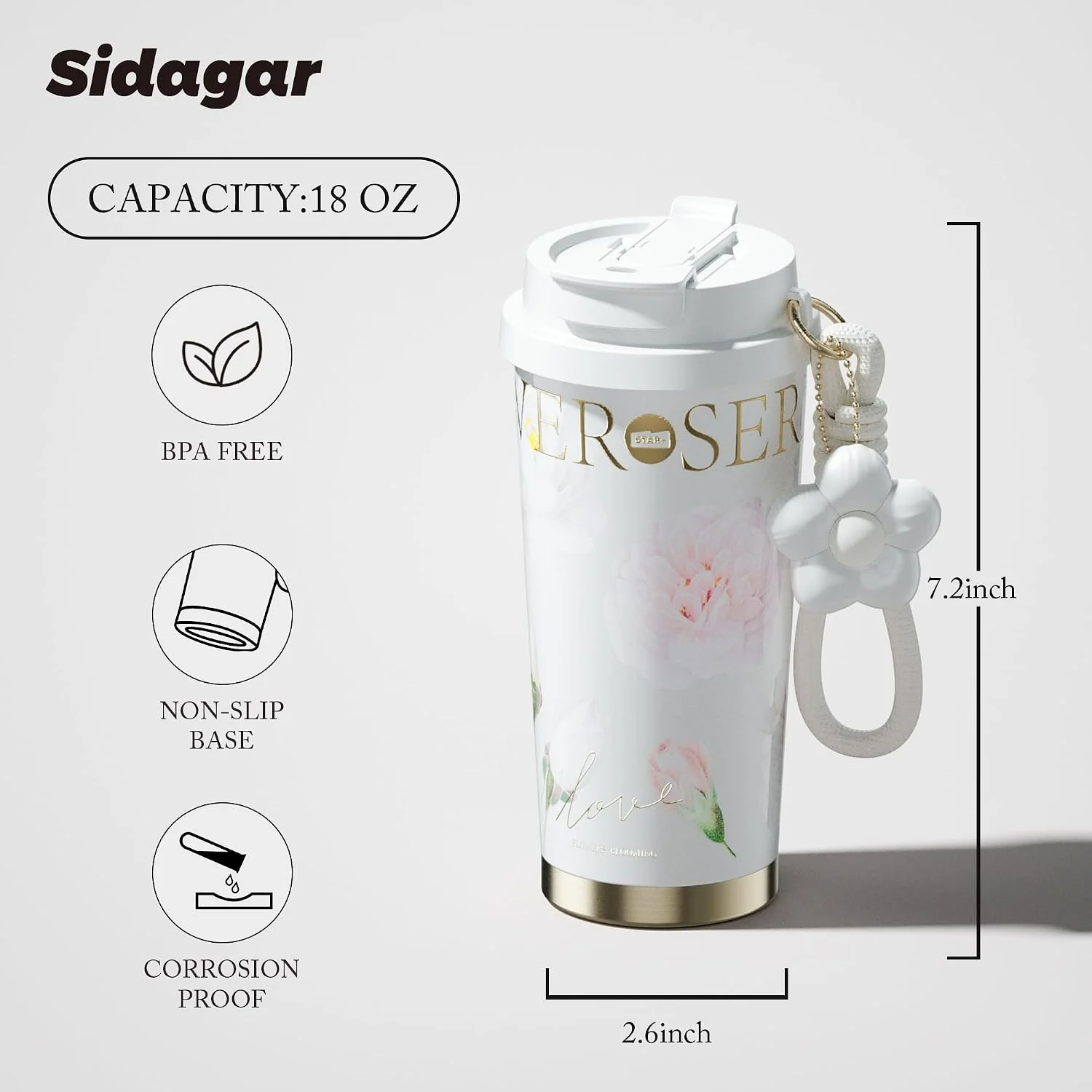 Stainless Steel Flower Coffee Mug- WHITE(WITH Charm) - Image 7