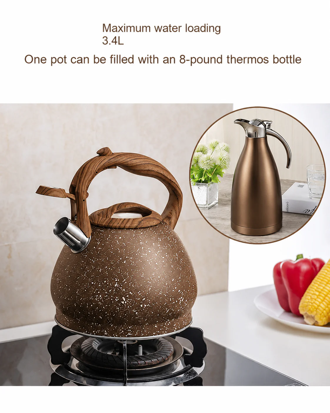 Stainless Steel One Touch Button Whistle Teapot with Anti Scalding Handle- Brown Texture - Image 2