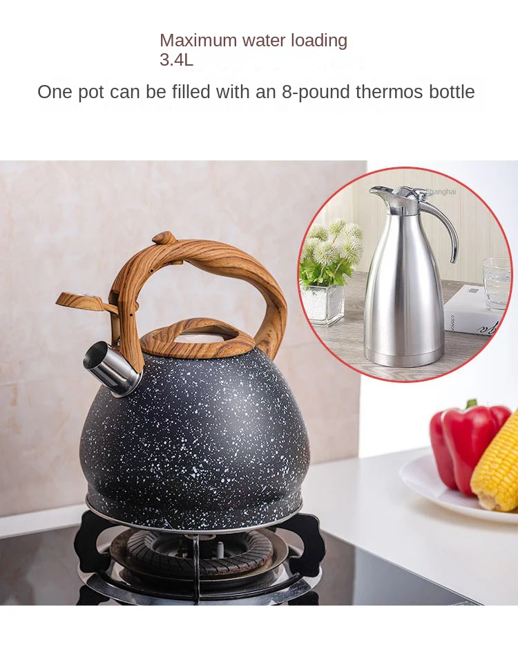Stainless Steel One Touch Button Whistle Teapot with Anti Scalding Handle- Grey Texture