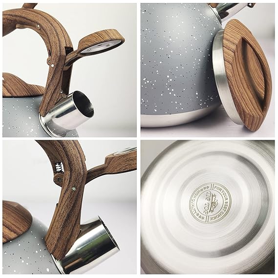Stainless Steel One Touch Button Whistle Teapot with Anti Scalding Handle- Grey Texture - Image 10
