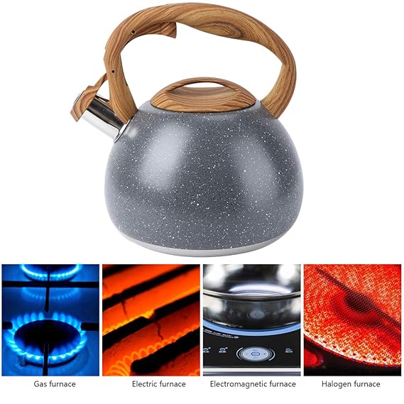 Stainless Steel One Touch Button Whistle Teapot with Anti Scalding Handle- Grey Texture - Image 3