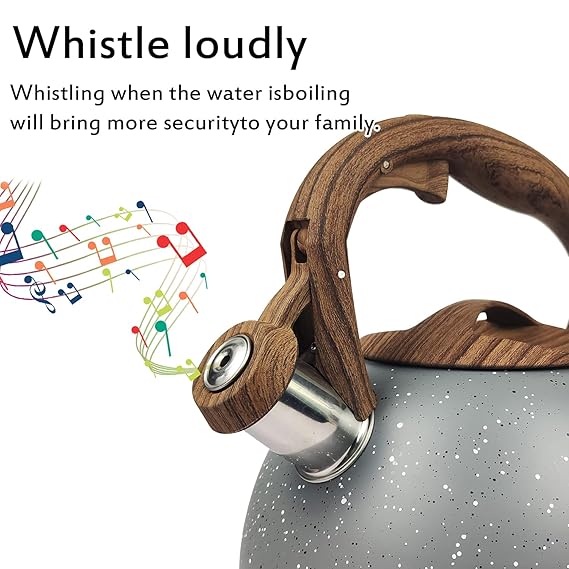 Stainless Steel One Touch Button Whistle Teapot with Anti Scalding Handle- Grey Texture - Image 6