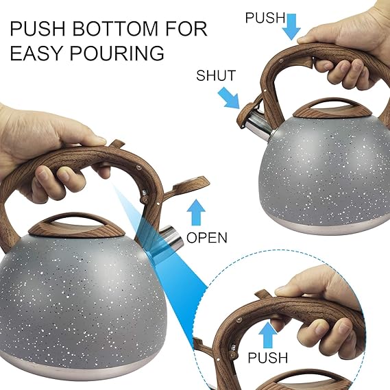 Stainless Steel One Touch Button Whistle Teapot with Anti Scalding Handle- Grey Texture - Image 7