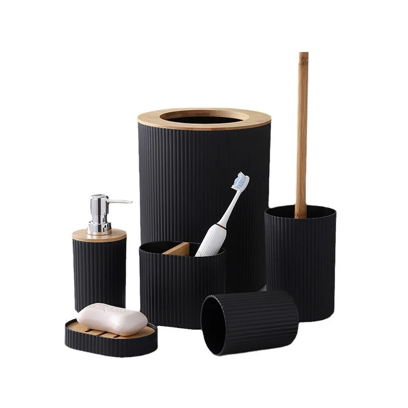 Wooden Lid PVC Bathroom Accessory Set-Stripes With Open Lid(Black) - Image 2