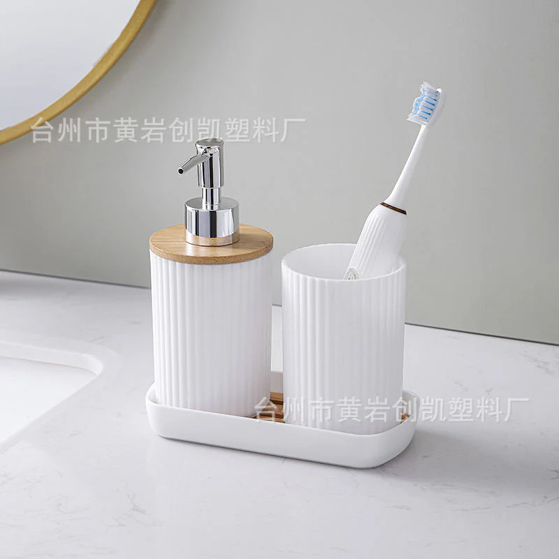 Wooden Lid PVC Bathroom Accessory Set-Stripes With Open Lid(White) - Image 3