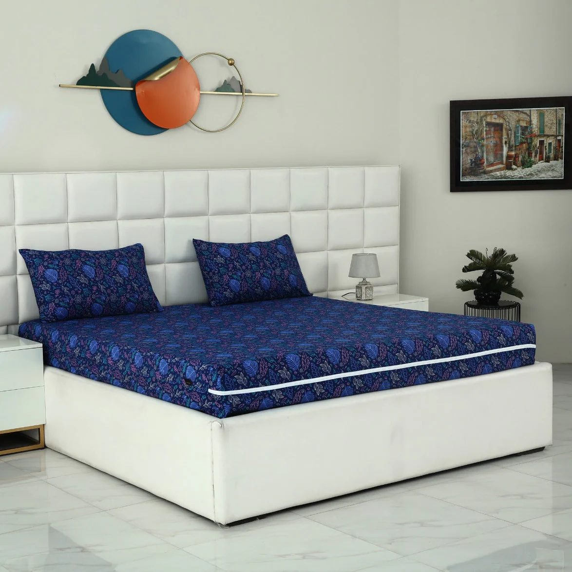 Zipper Mattress Cover Printed-Blue Lilly