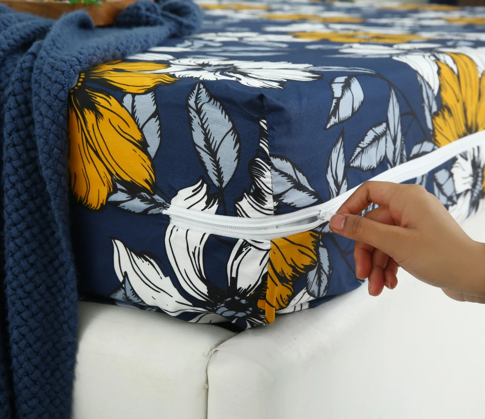 Zipper Mattress Cover Printed-White Flower - Image 4